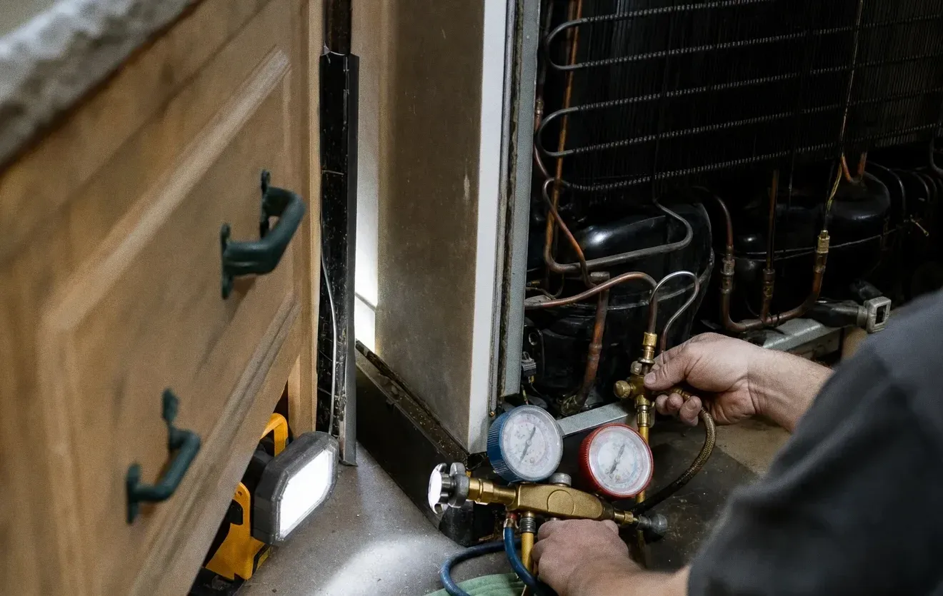 Hands holding a refrigeration manifold gauge set against an open machine compartment below a wood-panelled cabinet, work light on the floor
